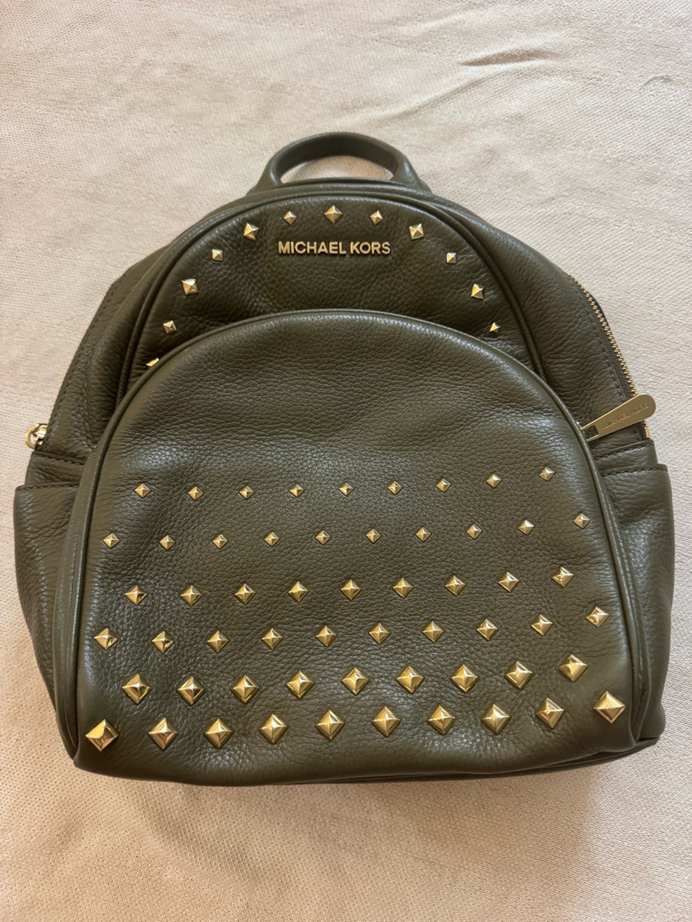 Michael Kors Olive Green Pebbled Leather Backpack with Gold Studs